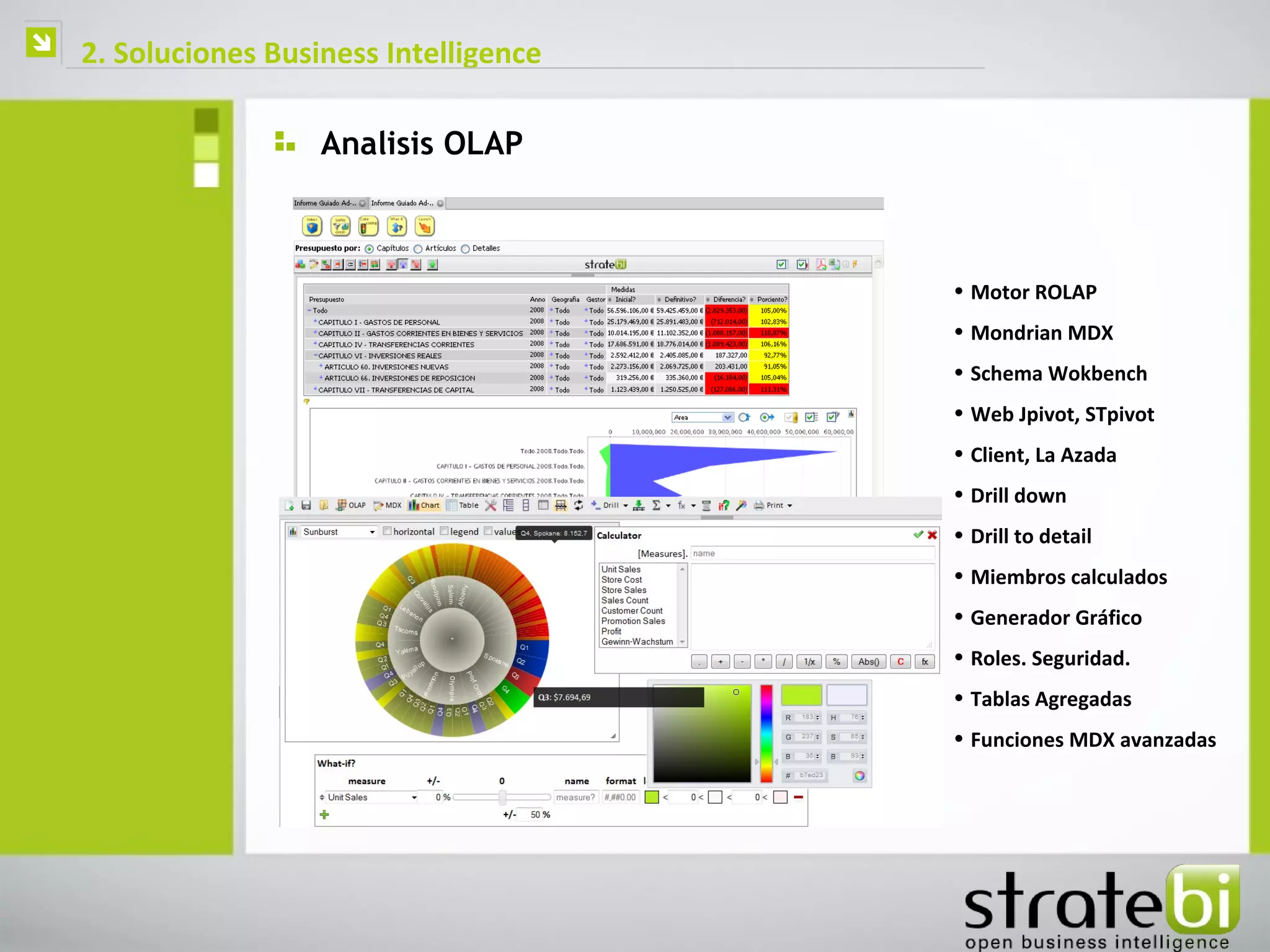    2. Soluciones Business Intelligence

                      Analisis OLAP



                                          • Motor ROLAP
                                          • Mondrian MDX
                                          • Schema Wokbench
                                          • Web Jpivot, STpivot
                                          • Client, La Azada
                                          • Drill down
                                          • Drill to detail
                                          • Miembros calculados
                                          • Generador Gráfico
                                          • Roles. Seguridad.
                                          • Tablas Agregadas
                                          • Funciones MDX avanzadas
 