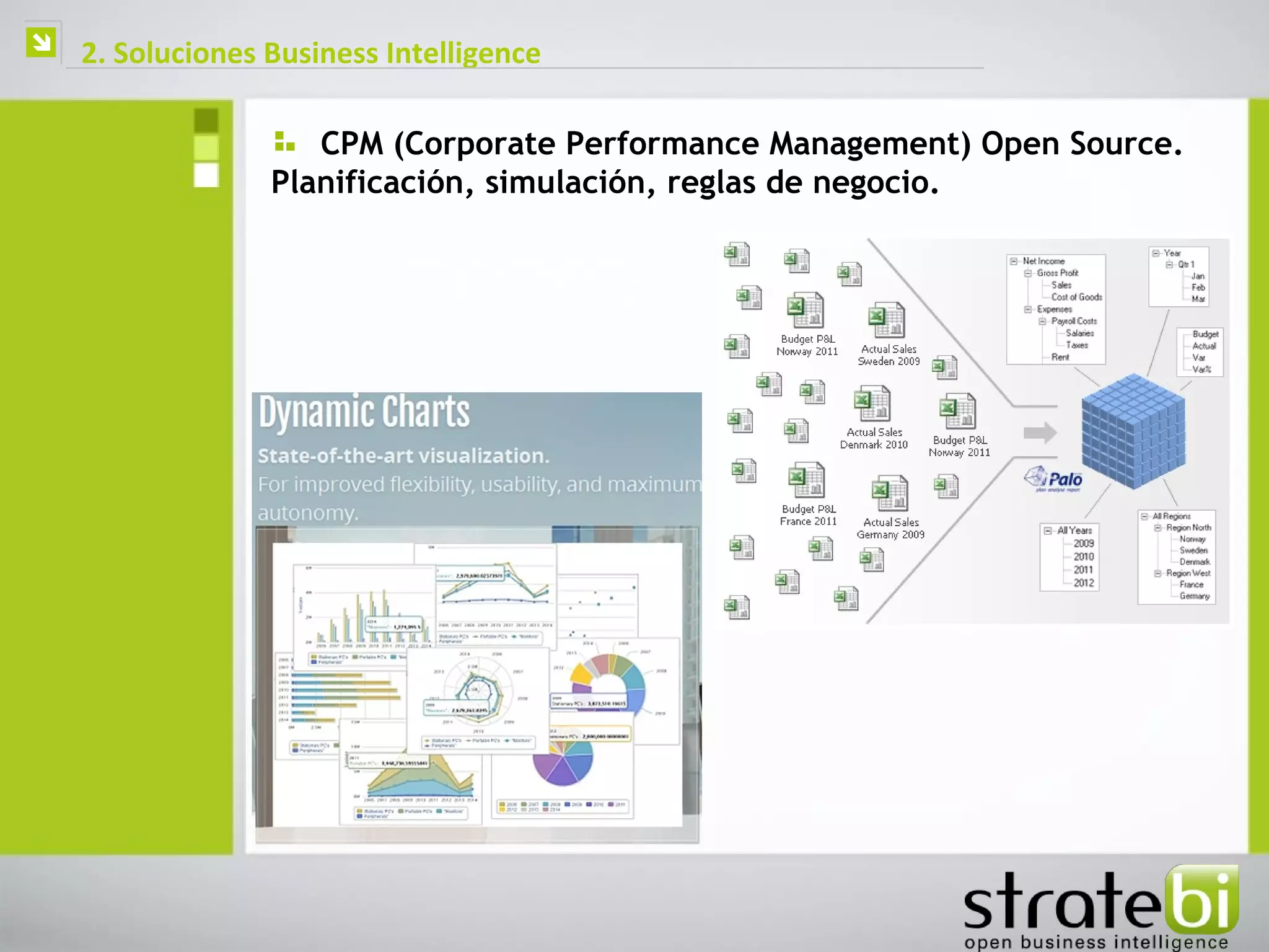    2. Soluciones Business Intelligence

                     CPM (Corporate Performance Management) Open Source.
                  Planificación, simulación, reglas de negocio.
 