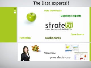 The Data experts!!
               Data Warehouse

                            Database experts




                                    Open Source
Pentaho        Dashboards



               Visualize
                   your decisions
 
