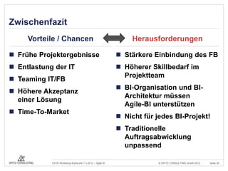 Zwischenfazit
     Vorteile / Chancen                                         Herausforderungen

 Frühe Projektergebnisse                                   Stärkere Einbindung des FB
 Entlastung der IT                                         Höherer Skillbedarf im
                                                             Projektteam
 Teaming IT/FB
                                                            BI-Organisation und BI-
 Höhere Akzeptanz
                                                             Architektur müssen
  einer Lösung
                                                             Agile-BI unterstützen
 Time-To-Market
                                                            Nicht für jedes BI-Projekt!
                                                            Traditionelle
                                                             Auftragsabwicklung
                                                             unpassend

            OS BI Workshop Karlsruhe 1.3.2012 – Agile BI                © OPITZ CONSULTING GmbH 2012   Seite 26
 