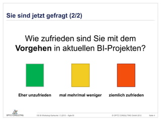 Sie sind jetzt gefragt (2/2)


     Wie zufrieden sind Sie mit dem
   Vorgehen in aktuellen BI-Projekten?




    Eher unzufrieden                  mal mehr/mal weniger   ziemlich zufrieden



            OS BI Workshop Karlsruhe 1.3.2012 – Agile BI      © OPITZ CONSULTING GmbH 2012   Seite 4
 