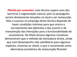 Plantio por sementes: esta técnica supera uma das
  barreiras à regeneração natural, pois os propágulos
seriam diretamente lançados no local a ser restaurado.
 Mas o sucesso no emprego desta técnica depende de
      haver condições mínimas para que ocorra o
     recrutamento das plântulas e dos juvenis e da
manutenção das interações para a funcionabilidade do
   ecossistema. No Mato Grosso algumas iniciativas
demonstram que o método da semeadura direta, ainda
 que com desempenho não satisfatório para algumas
espécies, mostrou-se viável, o que o recomenda como
     alternativa econômica de restauração florestal
 