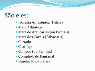 São eles: 
 Floresta Amazônica (Hileia) 
 Mata Atlântica 
 Mata de Araucárias (ou Pinhais) 
 Mata dos Cocais (Babaçuais) 
 Cerrado 
 Caatinga 
 Campos (ou Pampas) 
 Complexo do Pantanal 
 Vegetação Litorânea 
 