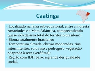 Caatinga 
• Localizado na faixa sub-equatorial, entre a Floresta 
Amazônica e a Mata Atlântica, compreendendo 
quase 10% da área total do território brasileiro; 
• Bioma totalmente brasileiro; 
• Temperatura elevada, chuvas moderadas, rios 
intermitentes, solo raso e pedregoso, vegetação 
adaptada à seca (xerófitas); 
• Região com IDH baixo e grande desigualdade 
social. 
 