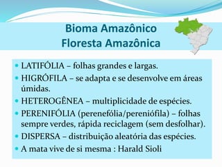 Bioma Amazônico 
Floresta Amazônica 
 LATIFÓLIA – folhas grandes e largas. 
 HIGRÓFILA – se adapta e se desenvolve em áreas 
úmidas. 
 HETEROGÊNEA – multiplicidade de espécies. 
 PERENIFÓLIA (perenefólia/pereniófila) – folhas 
sempre verdes, rápida reciclagem (sem desfolhar). 
 DISPERSA – distribuição aleatória das espécies. 
 A mata vive de si mesma : Harald Sioli 
 