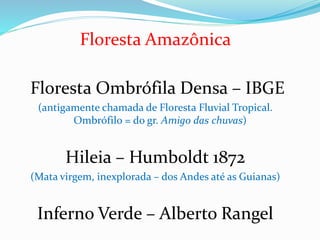 Floresta Amazônica 
Floresta Ombrófila Densa – IBGE 
(antigamente chamada de Floresta Fluvial Tropical. 
Ombrófilo = do gr. Amigo das chuvas) 
Hileia – Humboldt 1872 
(Mata virgem, inexplorada – dos Andes até as Guianas) 
Inferno Verde – Alberto Rangel 
 