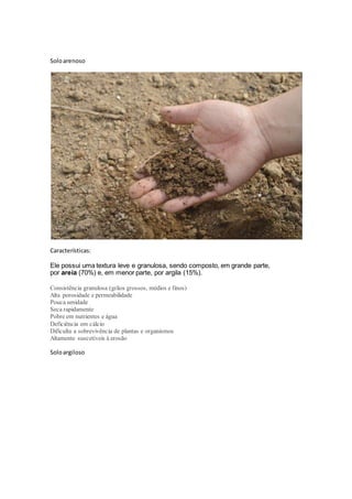 Soloarenoso
Características:
Ele possui uma textura leve e granulosa, sendo composto, em grande parte,
por areia (70%) e, em menor parte, por argila (15%).
Consistência granulosa (grãos grossos, médios e finos)
Alta porosidade e permeabilidade
Pouca umidade
Seca rapidamente
Pobre em nutrientes e água
Deficiência em cálcio
Dificulta a sobrevivência de plantas e organismos
Altamente suscetíveis à erosão
Soloargiloso
 