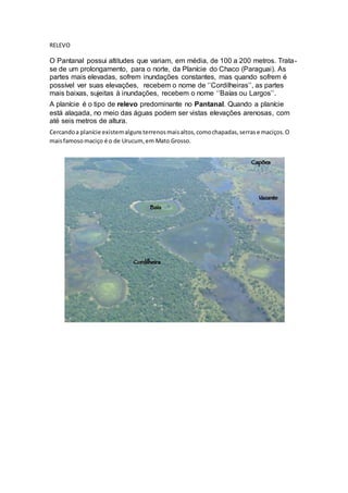 RELEVO
O Pantanal possui altitudes que variam, em média, de 100 a 200 metros. Trata-
se de um prolongamento, para o norte, da Planície do Chaco (Paraguai). As
partes mais elevadas, sofrem inundações constantes, mas quando sofrem é
possível ver suas elevações, recebem o nome de ‘’Cordilheiras’’, as partes
mais baixas, sujeitas à inundações, recebem o nome ‘’Baías ou Largos’’.
A planície é o tipo de relevo predominante no Pantanal. Quando a planície
está alagada, no meio das águas podem ser vistas elevações arenosas, com
até seis metros de altura.
Cercandoa planície existemalgunsterrenosmaisaltos,comochapadas,serrase maciços.O
maisfamosomaciço é o de Urucum,em Mato Grosso.
 
