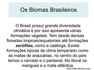 www.wiltonoliveira.com
Os Biomas Brasileiros
•O Brasil possui grande diversidade
climática e por isso apresenta várias
formações vegetais. Tem desde densas
florestas tropicais/equatoriais até formações
xerófilas, como a caatinga. Existe
formações típicas de clima temperado como
as matas de araucárias, no centro do país
temos o cerrado e o pantanal. No litoral os
mangues e a mata atlântica
 