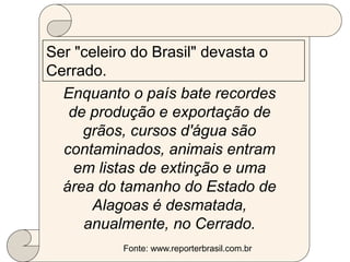 Ser "celeiro do Brasil" devasta o
Cerrado.
Enquanto o país bate recordes
de produção e exportação de
grãos, cursos d'água são
contaminados, animais entram
em listas de extinção e uma
área do tamanho do Estado de
Alagoas é desmatada,
anualmente, no Cerrado.
Fonte: www.reporterbrasil.com.br
 