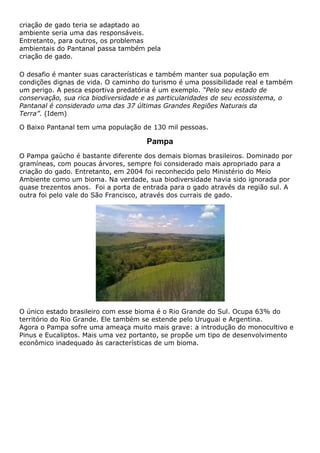 criação de gado teria se adaptado ao
ambiente seria uma das responsáveis.
Entretanto, para outros, os problemas
ambientais do Pantanal passa também pela
criação de gado.
O desafio é manter suas características e também manter sua população em
condições dignas de vida. O caminho do turismo é uma possibilidade real e também
um perigo. A pesca esportiva predatória é um exemplo. “Pelo seu estado de
conservação, sua rica biodiversidade e as particularidades de seu ecossistema, o
Pantanal é considerado uma das 37 últimas Grandes Regiões Naturais da
Terra”. (Idem)
O Baixo Pantanal tem uma população de 130 mil pessoas.
Pampa
O Pampa gaúcho é bastante diferente dos demais biomas brasileiros. Dominado por
gramíneas, com poucas árvores, sempre foi considerado mais apropriado para a
criação do gado. Entretanto, em 2004 foi reconhecido pelo Ministério do Meio
Ambiente como um bioma. Na verdade, sua biodiversidade havia sido ignorada por
quase trezentos anos. Foi a porta de entrada para o gado através da região sul. A
outra foi pelo vale do São Francisco, através dos currais de gado.
O único estado brasileiro com esse bioma é o Rio Grande do Sul. Ocupa 63% do
território do Rio Grande. Ele também se estende pelo Uruguai e Argentina.
Agora o Pampa sofre uma ameaça muito mais grave: a introdução do monocultivo e
Pinus e Eucaliptos. Mais uma vez portanto, se propõe um tipo de desenvolvimento
econômico inadequado às características de um bioma.
 