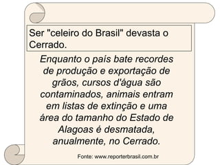 Ser "celeiro do Brasil" devasta o
Cerrado.
Enquanto o país bate recordes
de produção e exportação de
grãos, cursos d'água são
contaminados, animais entram
em listas de extinção e uma
área do tamanho do Estado de
Alagoas é desmatada,
anualmente, no Cerrado.
Fonte: www.reporterbrasil.com.br
 