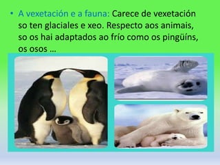 • A vexetación e a fauna: Carece de vexetación
  so ten glaciales e xeo. Respecto aos animais,
  so os hai adaptados ao frío como os pingüíns,
  os osos …
 