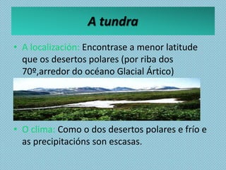 A tundra
• A localización: Encontrase a menor latitude
  que os desertos polares (por riba dos
  70º,arredor do océano Glacial Ártico)




• O clima: Como o dos desertos polares e frío e
  as precipitacións son escasas.
 