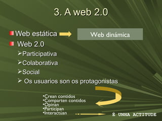 3. A web 2.03. A web 2.0
Web estáticaWeb estática
Web 2.0Web 2.0
ParticipativaParticipativa
ColaborativaColaborativa
So...