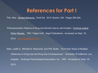 Thio, Alex. Deviant Behavior. Tenth Ed. 2010. Boston, MA. Pages 269-284.
“Preincarceration Patterns of Drug and Alcohol Use by Jail Inmates.” Criminal Justice
Policy Review. 1991. Pages 5-40. Sage Publications. Accessed on Sept. 16,
2010. http://cjp.sagepub.com
Stein, Judith A., Michael D. Newcomb, and P.M. Butler. “An 8-Year Study of Multiple
Influences on Drug Use and Drug Use Consequences.” University of California, Los
Angeles. American Psychological Association, Inc. 1997. Accessed on Sept. 16,
2010.
 