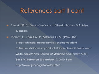  Thio, A. (2010). Deviant behavior (10th ed.). Boston, MA: Allyn
& Bacon.
 Thomas, G., Farrell, M. P., & Barnes, G. M. (1996). The
effects of single-mother families and nonresident
fathers on delinquency and substance abuse in black and
white adolescents. Journal of Marriage and Family, 58(4),
884-894. Retrieved September 17, 2010, from
http://www.jstor.org/stable/353977.
 