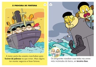 5
A maior parte dos aresáns marchaban para
fuxiren da pobreza na que vivían. Mais algúns
ían montar negocios e facer fortuna.
Á PROCURA DE FORTUNA
6
Os emigrantes viaxaban case todos nas zonas
máis incómodas do barco, en terceira clase.
 