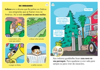 a reconstruír unha
casa que ardera
OS INDIANOS
Indiano era o alcume que lle poñían en Galicia
aos emigrantes que se fixeran ricos na
América. Así a todo axudaban os seus veciños:
a facer unha estrada
a pagar as festas a editar xornais
15
Aos indianos gustáballes facer casa nova na
súa parroquia. Para quedaren a vivir nela para
sempre ou para viren de vacacións.
16
Os xardíns con
plantas e árbores
exóticas son típicos
destas casas.
Cores alegres.
As casas indianas
mesturan varios estilos:
colonial, modernista ou
propio da terra.
 