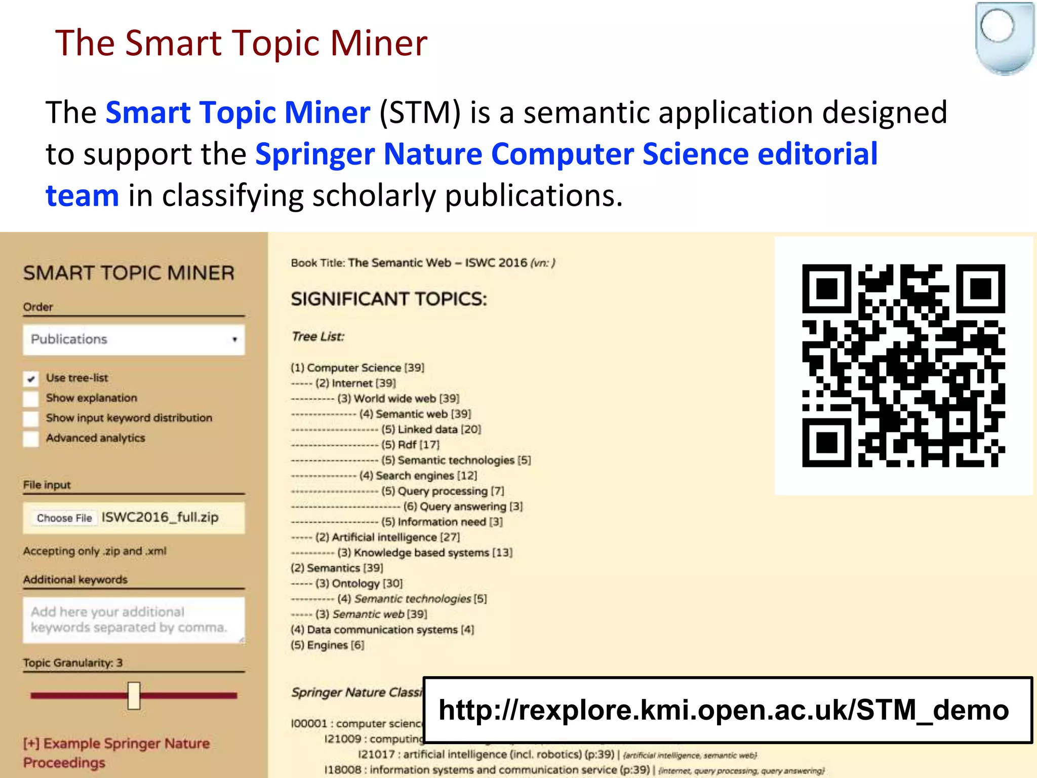 The Smart Topic Miner
The Smart Topic Miner (STM) is a semantic application designed
to support the Springer Nature Computer Science editorial
team in classifying scholarly publications.
5
http://rexplore.kmi.open.ac.uk/STM_demo
 