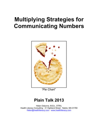 Multiplying Strategies for
Communicating Numbers
“Pie Chart”
Plain Talk 2013
Helen Osborne, M.Ed., OTR/L
Health Literacy Consulting · 31 Highland Street · Natick, MA 01760
Helen@healthliteracy.com · www.healthliteracy.com
 