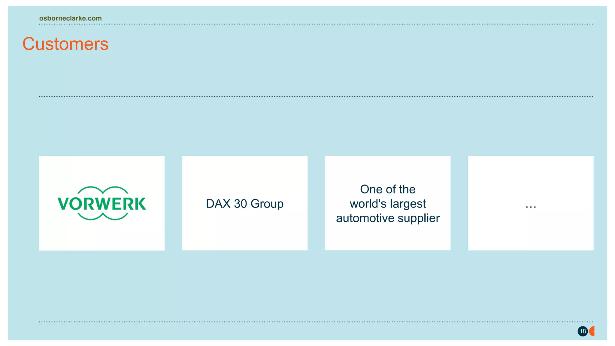 18
osborneclarke.com
osborneclarke.com
18
Customers
DAX 30 Group
One of the
world's largest
automotive supplier
…
 