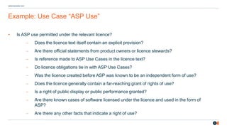 5
osborneclarke.com
Example: Use Case “ASP Use”
• Is ASP use permitted under the relevant licence?
− Does the licence text itself contain an explicit provision?
− Are there official statements from product owners or licence stewards?
− Is reference made to ASP Use Cases in the licence text?
− Do licence obligations tie in with ASP Use Cases?
− Was the licence created before ASP was known to be an independent form of use?
− Does the licence generally contain a far-reaching grant of rights of use?
− Is a right of public display or public performance granted?
− Are there known cases of software licensed under the licence and used in the form of
ASP?
− Are there any other facts that indicate a right of use?
 
