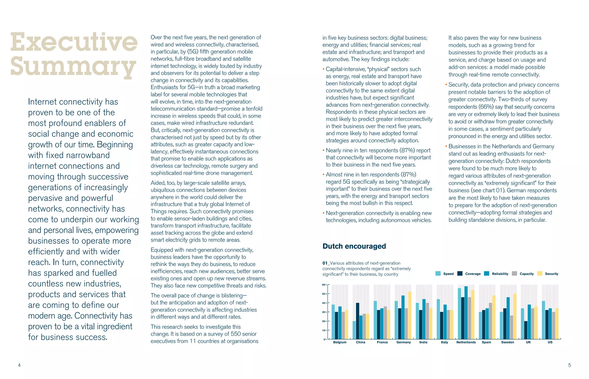 4 5
Executive
Summary
Internet connectivity has
proven to be one of the
most profound enablers of
social change and economic
growth of our time. Beginning
with fixed narrowband
internet connections and
moving through successive
generations of increasingly
pervasive and powerful
networks, connectivity has
come to underpin our working
and personal lives, empowering
businesses to operate more
efficiently and with wider
reach. In turn, connectivity
has sparked and fuelled
countless new industries,
products and services that
are coming to define our
modern age. Connectivity has
proven to be a vital ingredient
for business success.
Over the next five years, the next generation of
wired and wireless connectivity, characterised,
in particular, by (5G) fifth generation mobile
networks, full-fibre broadband and satellite
internet technology, is widely touted by industry
and observers for its potential to deliver a step
change in connectivity and its capabilities.
Enthusiasts for 5G—in truth a broad marketing
label for several mobile technologies that
will evolve, in time, into the next-generation
telecommunication standard—promise a tenfold
increase in wireless speeds that could, in some
cases, make wired infrastructure redundant.
But, critically, next-generation connectivity is
characterised not just by speed but by its other
attributes, such as greater capacity and low-
latency, effectively instantaneous connections
that promise to enable such applications as
driverless car technology, remote surgery and
sophisticated real-time drone management.
Aided, too, by large-scale satellite arrays,
ubiquitous connections between devices
anywhere in the world could deliver the
infrastructure that a truly global Internet of
Things requires. Such connectivity promises
to enable sensor-laden buildings and cities,
transform transport infrastructure, facilitate
asset tracking across the globe and extend
smart electricity grids to remote areas.
Equipped with next-generation connectivity,
business leaders have the opportunity to
rethink the ways they do business, to reduce
inefficiencies, reach new audiences, better serve
existing ones and open up new revenue streams.
They also face new competitive threats and risks.
The overall pace of change is blistering—
but the anticipation and adoption of next-
generation connectivity is affecting industries
in different ways and at different rates.
This research seeks to investigate this
change. It is based on a survey of 550 senior
executives from 11 countries at organisations
in five key business sectors: digital business;
energy and utilities; financial services; real
estate and infrastructure; and transport and
automotive. The key findings include:
• Capital-intensive, “physical” sectors such
as energy, real estate and transport have
been historically slower to adopt digital
connectivity to the same extent digital
industries have, but expect significant
advances from next-generation connectivity.
Respondents in these physical sectors are
most likely to predict greater interconnectivity
in their business over the next five years,
and more likely to have adopted formal
strategies around connectivity adoption.
• Nearly nine in ten respondents (87%) report
that connectivity will become more important
to their business in the next five years.
• Almost nine in ten respondents (87%)
regard 5G specifically as being “strategically
important” to their business over the next five
years, with the energy and transport sectors
being the most bullish in this respect.
• Next-generation connectivity is enabling new
technologies, including autonomous vehicles.
Dutch encouraged
It also paves the way for new business
models, such as a growing trend for
businesses to provide their products as a
service, and charge based on usage and
add-on services: a model made possible
through real-time remote connectivity.
• Security, data protection and privacy concerns
present notable barriers to the adoption of
greater connectivity. Two-thirds of survey
respondents (66%) say that security concerns
are very or extremely likely to lead their business
to avoid or withdraw from greater connectivity
in some cases, a sentiment particularly
pronounced in the energy and utilities sector.
• Businesses in the Netherlands and Germany
stand out as leading enthusiasts for next-
generation connectivity: Dutch respondents
were found to be much more likely to
regard various attributes of next-generation
connectivity as “extremely significant” for their
business (see chart 01). German respondents
are the most likely to have taken measures
to prepare for the adoption of next-generation
connectivity—adopting formal strategies and
building standalone divisions, in particular.
SecurityCapacityReliabilityCoverageSpeed
01_Various attributes of next-generation
connectivity respondents regard as “extremely
significant” to their business, by country
 