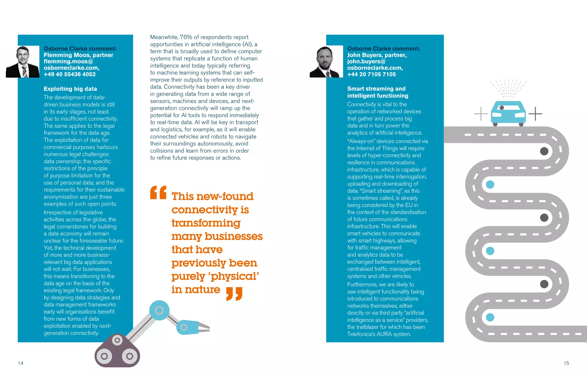 14 15
Osborne Clarke comment:
John Buyers, partner,
john.buyers@
osborneclarke.com,
+44 20 7105 7105
Smart streaming and
intelligent functioning
Connectivity is vital to the
operation of networked devices
that gather and process big
data and in turn power the
analytics of artificial intelligence.
“Always-on” devices connected via
the Internet of Things will require
levels of hyper-connectivity and
resilience in communications
infrastructure, which is capable of
supporting real-time interrogation,
uploading and downloading of
data. “Smart streaming”, as this
is sometimes called, is already
being considered by the EU in
the context of the standardisation
of future communications
infrastructure. This will enable
smart vehicles to communicate
with smart highways, allowing
for traffic management
and analytics data to be
exchanged between intelligent,
centralised traffic management
systems and other vehicles.
Furthermore, we are likely to
see intelligent functionality being
introduced to communications
networks themselves, either
directly or via third party “artificial
intelligence as a service” providers,
the trailblazer for which has been
Telefonica’s AURA system.
Meanwhile, 76% of respondents report
opportunities in artificial intelligence (AI), a
term that is broadly used to define computer
systems that replicate a function of human
intelligence and today typically referring
to machine learning systems that can self-
improve their outputs by reference to inputted
data. Connectivity has been a key driver
in generating data from a wide range of
sensors, machines and devices, and next-
generation connectivity will ramp up the
potential for AI tools to respond immediately
to real-time data. AI will be key in transport
and logistics, for example, as it will enable
connected vehicles and robots to navigate
their surroundings autonomously, avoid
collisions and learn from errors in order
to refine future responses or actions.
Osborne Clarke comment:
Flemming Moos, partner
flemming.moos@
osborneclarke.com,
+49 40 55436 4052
Exploiting big data
The development of data-
driven business models is still
in its early stages, not least
due to insufficient connectivity.
The same applies to the legal
framework for the data age.
The exploitation of data for
commercial purposes harbours
numerous legal challenges:
data ownership; the specific
restrictions of the principle
of purpose limitation for the
use of personal data; and the
requirements for their sustainable
anonymisation are just three
examples of such open points.
Irrespective of legislative
activities across the globe, the
legal cornerstones for building
a data economy will remain
unclear for the foreseeable future.
Yet, the technical development
of more and more business-
relevant big data applications
will not wait. For businesses,
this means transitioning to the
data age on the basis of the
existing legal framework. Only
by designing data strategies and
data management frameworks
early will organisations benefit
from new forms of data
exploitation enabled by next-
generation connectivity.
This new-found
connectivity is
transforming
many businesses
that have
previously been
purely ‘physical’
in nature
“
“
 