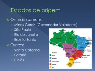  Os mais comuns: 
› Minas Gerais (Governador Valadares) 
› São Paulo 
› Rio de Janeiro 
› Espírito Santo 
 Outros: 
› Santa Catarina 
› Paraná 
› Goiás 
 