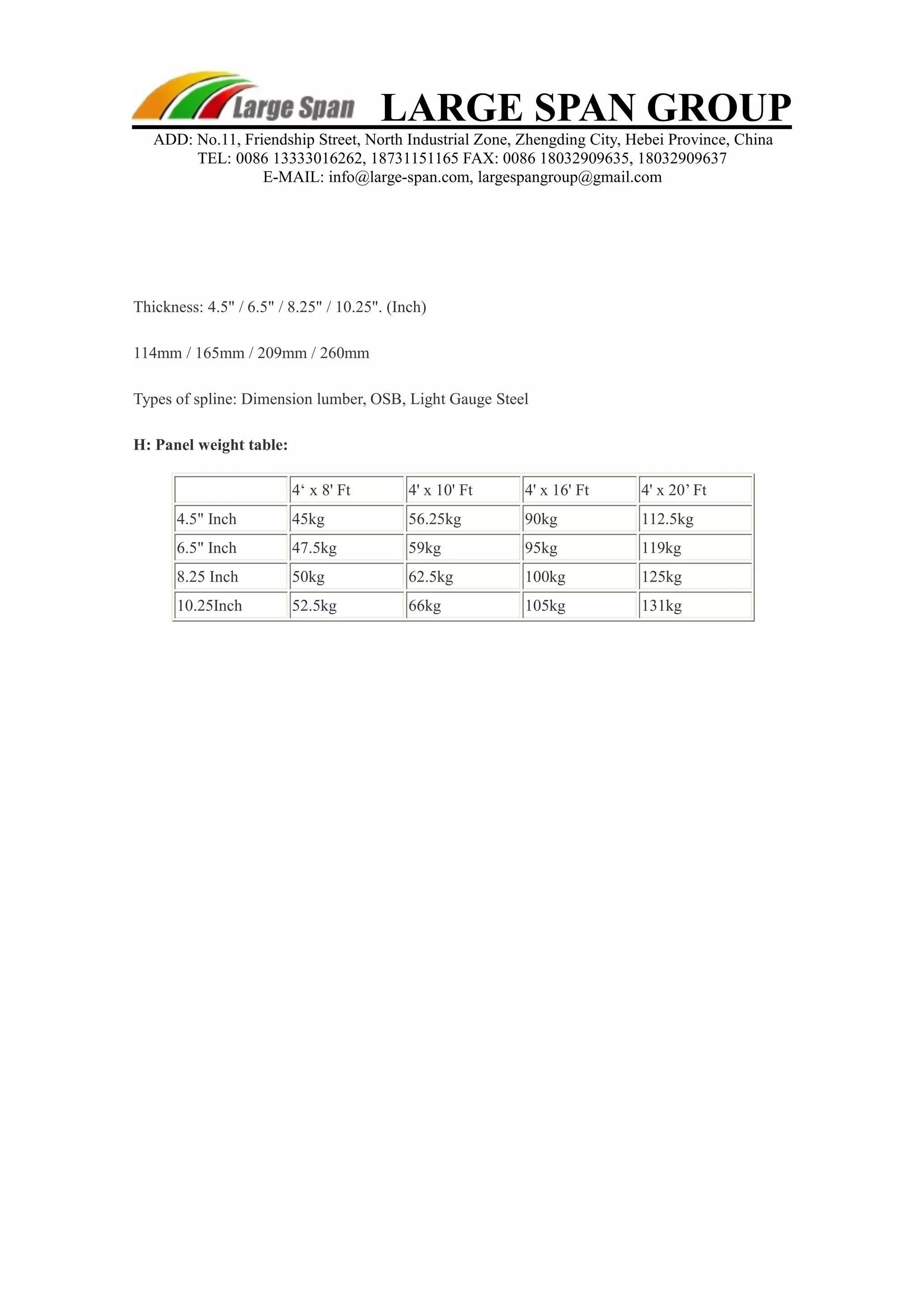 LARGE SPAN GROUP 
ADD: No.11, Friendship Street, North Industrial Zone, Zhengding City, Hebei Province, China 
TEL: 0086 13333016262, 18731151165 FAX: 0086 18032909635, 18032909637 
E-MAIL: info@large-span.com, largespangroup@gmail.com 
Thickness: 4.5" / 6.5" / 8.25" / 10.25". (Inch) 
114mm / 165mm / 209mm / 260mm 
Types of spline: Dimension lumber, OSB, Light Gauge Steel 
H: Panel weight table: 
4‘ x 8' Ft 4' x 10' Ft 4' x 16' Ft 4' x 20’ Ft 
4.5" Inch 45kg 56.25kg 90kg 112.5kg 
6.5" Inch 47.5kg 59kg 95kg 119kg 
8.25 Inch 50kg 62.5kg 100kg 125kg 
10.25Inch 52.5kg 66kg 105kg 131kg 
 