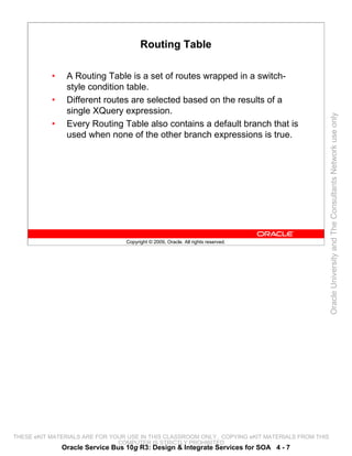Routing Table

           •    A Routing Table is a set of routes wrapped in a switch-
                style condition table.
           •    Different routes are selected based on the results of a
                single XQuery expression.




                                                                                                 Oracle University and The Consultants Network use only
           •    Every Routing Table also contains a default branch that is
                used when none of the other branch expressions is true.




                                  Copyright © 2009, Oracle. All rights reserved.




THESE eKIT MATERIALS ARE FOR YOUR USE IN THIS CLASSROOM ONLY. COPYING eKIT MATERIALS FROM THIS
                               COMPUTER IS STRICTLY PROHIBITED
               Oracle Service Bus 10g R3: Design & Integrate Services for SOA 4 - 7
 