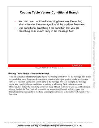 Routing Table Versus Conditional Branch

            •     You can use conditional branching to expose the routing
                  alternatives for the message flow at the top-level flow view.
            •     Use conditional branching if the condition that you are
                  branching on is known early in the message flow.




                                                                                                        Oracle University and The Consultants Network use only
                                    Copyright © 2009, Oracle. All rights reserved.



    Routing Table Versus Conditional Branch
     You can use conditional branching to expose the routing alternatives for the message flow at the
     top-level flow view. For example, consider a situation where you want to invoke service A or
     service B based on a condition known early in the message flow (for example, the message
     type). You could configure conditional branching in a Routing Table in the route node.
     However, this makes the branching somewhat more difficult to follow if you are just looking at
     the top level of the flow. Instead, you could use a conditional branch node to expose this
     branching in the message flow itself and use simple route nodes as the subflows for each of the
     branches.




THESE eKIT MATERIALS ARE FOR YOUR USE IN THIS CLASSROOM ONLY. COPYING eKIT MATERIALS FROM THIS
                               COMPUTER IS STRICTLY PROHIBITED
                Oracle Service Bus 10g R3: Design & Integrate Services for SOA 4 - 10
 