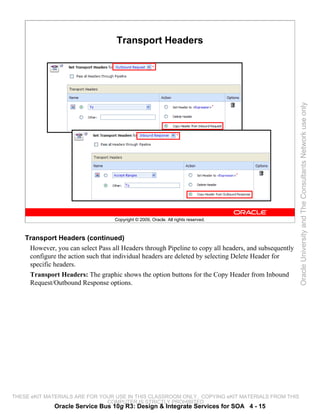 Transport Headers




                                                                                                       Oracle University and The Consultants Network use only
                                    Copyright © 2009, Oracle. All rights reserved.



    Transport Headers (continued)
     However, you can select Pass all Headers through Pipeline to copy all headers, and subsequently
     configure the action such that individual headers are deleted by selecting Delete Header for
     specific headers.
     Transport Headers: The graphic shows the option buttons for the Copy Header from Inbound
     Request/Outbound Response options.




THESE eKIT MATERIALS ARE FOR YOUR USE IN THIS CLASSROOM ONLY. COPYING eKIT MATERIALS FROM THIS
                               COMPUTER IS STRICTLY PROHIBITED
              Oracle Service Bus 10g R3: Design & Integrate Services for SOA 4 - 15
 
