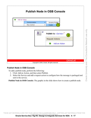 Publish Node in OSB Console



                                                                               1




                                                                                                    Oracle University and The Consultants Network use only
                                                                                    2




                                   Copyright © 2009, Oracle. All rights reserved.



    Publish Node in OSB Console
     To add a publish node, perform the following:
      1. Click Add an Action, and then select Publish.
      2. Select the Service and add a request action to configure how the message is packaged and
          sent to the service.
     Publish Node in OSB Console: The graphic in the slide shows how to create a publish node.




THESE eKIT MATERIALS ARE FOR YOUR USE IN THIS CLASSROOM ONLY. COPYING eKIT MATERIALS FROM THIS
                               COMPUTER IS STRICTLY PROHIBITED
              Oracle Service Bus 10g R3: Design & Integrate Services for SOA 4 - 17
 