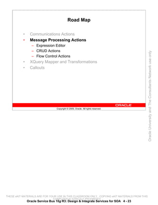 Road Map

           •     Communications Actions
           •     Message Processing Actions
                  – Expression Editor
                  – CRUD Actions




                                                                                                 Oracle University and The Consultants Network use only
                  – Flow Control Actions
           •     XQuery Mapper and Transformations
           •     Callouts




                                  Copyright © 2009, Oracle. All rights reserved.




THESE eKIT MATERIALS ARE FOR YOUR USE IN THIS CLASSROOM ONLY. COPYING eKIT MATERIALS FROM THIS
                               COMPUTER IS STRICTLY PROHIBITED
               Oracle Service Bus 10g R3: Design & Integrate Services for SOA 4 - 23
 