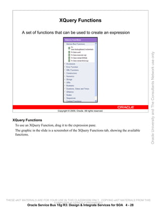 XQuery Functions

          A set of functions that can be used to create an expression




                                                                                                   Oracle University and The Consultants Network use only
                                    Copyright © 2009, Oracle. All rights reserved.



    XQuery Functions
     To use an XQuery Function, drag it to the expression pane.
     The graphic in the slide is a screenshot of the XQuery Functions tab, showing the available
     functions.




THESE eKIT MATERIALS ARE FOR YOUR USE IN THIS CLASSROOM ONLY. COPYING eKIT MATERIALS FROM THIS
                               COMPUTER IS STRICTLY PROHIBITED
              Oracle Service Bus 10g R3: Design & Integrate Services for SOA 4 - 28
 