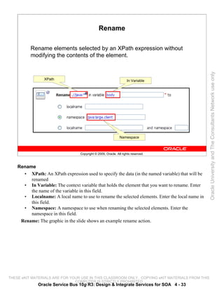 Rename

          Rename elements selected by an XPath expression without
          modifying the contents of the element.




                                                                                                   Oracle University and The Consultants Network use only
                 XPath                                              In Variable




                                                               Namespace



                                   Copyright © 2009, Oracle. All rights reserved.



    Rename
      • XPath: An XPath expression used to specify the data (in the named variable) that will be
         renamed
      • In Variable: The context variable that holds the element that you want to rename. Enter
         the name of the variable in this field.
      • Localname: A local name to use to rename the selected elements. Enter the local name in
         this field.
      • Namespace: A namespace to use when renaming the selected elements. Enter the
         namespace in this field.
     Rename: The graphic in the slide shows an example rename action.




THESE eKIT MATERIALS ARE FOR YOUR USE IN THIS CLASSROOM ONLY. COPYING eKIT MATERIALS FROM THIS
                               COMPUTER IS STRICTLY PROHIBITED
              Oracle Service Bus 10g R3: Design & Integrate Services for SOA 4 - 33
 