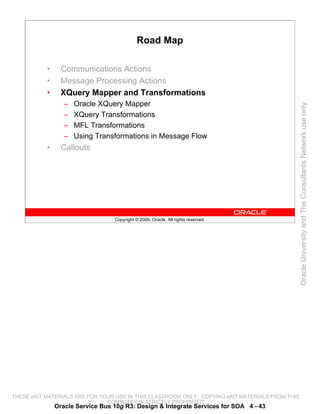 Road Map

           •     Communications Actions
           •     Message Processing Actions
           •     XQuery Mapper and Transformations
                  –   Oracle XQuery Mapper




                                                                                                 Oracle University and The Consultants Network use only
                  –   XQuery Transformations
                  –   MFL Transformations
                  –   Using Transformations in Message Flow
           •     Callouts




                                  Copyright © 2009, Oracle. All rights reserved.




THESE eKIT MATERIALS ARE FOR YOUR USE IN THIS CLASSROOM ONLY. COPYING eKIT MATERIALS FROM THIS
                               COMPUTER IS STRICTLY PROHIBITED
               Oracle Service Bus 10g R3: Design & Integrate Services for SOA 4 - 43
 