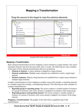 Mapping a Transformation

          Drag the source to the target to map the schema elements.




                                                                                                        Oracle University and The Consultants Network use only
                                    Copyright © 2009, Oracle. All rights reserved.



    Mapping a Transformation
     Basic element transformation involves mapping a source element to a target element. The source
     and target elements may have the same name, type, or scope. The following are some examples
     of the types of basic element transformation that you can perform:
       • Element to element: A source element is mapped to a target element.
       • Element combination: Multiple source elements are combined to create a single target
           element.
       • Element explosion: XQuery string functions are exploded from a single source element to
           multiple target elements.
     Complex transformations involve mapping a complex source (for example, a repeating element)
     to a complex target (for example, a nonrepeating element). The following are some examples of
     complex transformations:
       • Repeating group to repeating group: The source contains a variable number of instances
           of a group of elements; each source instance is mapped to an instance of the target group.
       • Repeating group to nonrepeating element: The source contains a variable number of
           instances of a group of elements; each source group is mapped to an instance of the target
           element.
     Mapping a Transformation: The graphic in the slide shows a graphical map of the
     transformation.
THESE eKIT MATERIALS ARE FOR YOUR USE IN THIS CLASSROOM ONLY. COPYING eKIT MATERIALS FROM THIS
                               COMPUTER IS STRICTLY PROHIBITED
              Oracle Service Bus 10g R3: Design & Integrate Services for SOA 4 - 47
 
