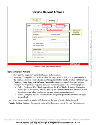Service Callout Actions

                                 Service                   Invoking




                                                                                     Configure




                                                                                                      Oracle University and The Consultants Network use only
                                                                                     Payload
                                                                                    Parameters




                                   Copyright © 2009, Oracle. All rights reserved.



    Service Callout Actions
       • Service: The target service for the Service Callout action
       • Invoking: The operation to be invoked on the target service. This option appears only if
          the selected service is WSDL-based and has operations that can be invoked on the service.
       • Configure Soap Body or Configure Payload Parameters: Specify how you want to
          configure the request and response messages by selecting one of the following options:
            - Select Configure SOAP Body to configure the SOAP Body. Selecting this option
                allows you to use $body directly. This option supports SOAP-RPC encoded, which
                is not supported when configuring payload parameters or document.
            - Select Configure Payload Parameters or Configure Payload Document to configure
                the payload.
     Any other parameters for a service will depend on the type of service being invoked.
     Service Callout Actions: The graphic in the slide shows an example Service Callout action.




THESE eKIT MATERIALS ARE FOR YOUR USE IN THIS CLASSROOM ONLY. COPYING eKIT MATERIALS FROM THIS
                               COMPUTER IS STRICTLY PROHIBITED
              Oracle Service Bus 10g R3: Design & Integrate Services for SOA 4 - 63
 