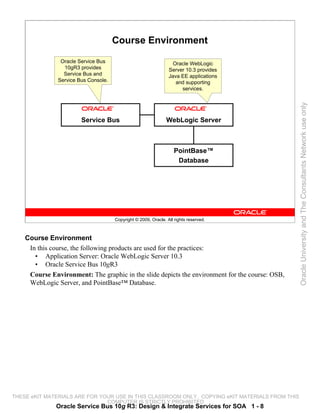 Course Environment

                Oracle Service Bus                                 Oracle WebLogic
                 10gR3 provides                                  Server 10.3 provides
                 Service Bus and                                 Java EE applications
               Service Bus Console.                                 and supporting
                                                                      services.




                                                                                                 Oracle University and The Consultants Network use only
                        Service Bus                             WebLogic Server



                                                                    PointBase™
                                                                     Database




                                      Copyright © 2009, Oracle. All rights reserved.



    Course Environment
     In this course, the following products are used for the practices:
       • Application Server: Oracle WebLogic Server 10.3
       • Oracle Service Bus 10gR3
     Course Environment: The graphic in the slide depicts the environment for the course: OSB,
     WebLogic Server, and PointBase™ Database.




THESE eKIT MATERIALS ARE FOR YOUR USE IN THIS CLASSROOM ONLY. COPYING eKIT MATERIALS FROM THIS
                               COMPUTER IS STRICTLY PROHIBITED
              Oracle Service Bus 10g R3: Design & Integrate Services for SOA 1 - 8
 