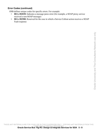 Error Codes (continued)
     OSB defines unique codes for specific errors. For example:
       • BEA-382030: Indicates a message parse error (for example, a SOAP proxy service
          received a non-SOAP message)
       • BEA-382500: Reserved for the case in which a Service Callout action receives a SOAP
          Fault response




                                                                                                 Oracle University and The Consultants Network use only




THESE eKIT MATERIALS ARE FOR YOUR USE IN THIS CLASSROOM ONLY. COPYING eKIT MATERIALS FROM THIS
                               COMPUTER IS STRICTLY PROHIBITED
              Oracle Service Bus 10g R3: Design & Integrate Services for SOA 5 - 9
 
