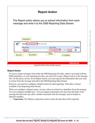 Report Action

          The Report action allows you to extract information from each
          message and write it to the OSB Reporting Data Stream.




                                                                                                          Oracle University and The Consultants Network use only
                         Expression




                                                              XPath
              Key Icon           Key Name                                              In Variable




                                      Copyright © 2009, Oracle. All rights reserved.



    Report Action
     To receive report messages from either the JMS Reporting Provider, which is provided with the
     OSB installation, or your reporting provider, you must first create a Report action in the message
     flow for the proxy service. In the Report action, you must specify the information that you want
     to extract from the message and add to the OSB Reporting Data Stream.
     However, you need not configure a Report action for alert reporting. Alert data is always
     available in the Reporting Data Stream.
     When you configure a Report action, use key values to extract key identifiers from the message.
     You can configure multiple keys. You can capture information not only from the body of the
     message but also from any other variable associated with the message, such as header or
     inbound variables.
       • Expression: The XQuery expression used to create the data that will be reported




THESE eKIT MATERIALS ARE FOR YOUR USE IN THIS CLASSROOM ONLY. COPYING eKIT MATERIALS FROM THIS
                               COMPUTER IS STRICTLY PROHIBITED
              Oracle Service Bus 10g R3: Design & Integrate Services for SOA 5 - 31
 