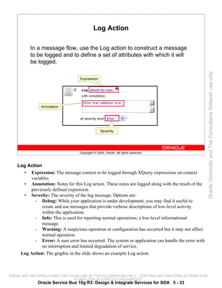 Log Action

          In a message flow, use the Log action to construct a message
          to be logged and to define a set of attributes with which it will
          be logged.




                                                                                                     Oracle University and The Consultants Network use only
                                   Expression




               Annotation




                                                  Severity




                                   Copyright © 2009, Oracle. All rights reserved.



    Log Action
      • Expression: The message context to be logged through XQuery expressions on context
         variables
      • Annotation: Notes for this Log action. These notes are logged along with the result of the
         previously defined expression.
      • Severity: The severity of the log message. Options are:
           - Debug: While your application is under development, you may find it useful to
               create and use messages that provide verbose descriptions of low-level activity
               within the application.
           - Info: This is used for reporting normal operations; a low-level informational
               message.
           - Warning: A suspicious operation or configuration has occurred but it may not affect
               normal operation.
           - Error: A user error has occurred. The system or application can handle the error with
               no interruption and limited degradation of service.
     Log Action: The graphic in the slide shows an example Log action.



THESE eKIT MATERIALS ARE FOR YOUR USE IN THIS CLASSROOM ONLY. COPYING eKIT MATERIALS FROM THIS
                               COMPUTER IS STRICTLY PROHIBITED
              Oracle Service Bus 10g R3: Design & Integrate Services for SOA 5 - 33
 