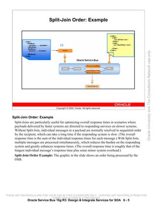 Split-Join Order: Example




                                                                                                      Oracle University and The Consultants Network use only
                                    Copyright © 2009, Oracle. All rights reserved.



    Split-Join Order: Example
     Split-Joins are particularly useful for optimizing overall response times in scenarios where
     payloads delivered by faster systems are directed to responding services on slower systems.
     Without Split-Join, individual messages in a payload are normally resolved in sequential order
     by the recipient, which can take a long time if the responding system is slow. (The overall
     response time is the sum of the individual response times for each message.) With Split-Join,
     multiple messages are processed simultaneously, which reduces the burden on the responding
     system and greatly enhances response times. (The overall response time is roughly that of the
     longest individual message’s response time plus some minor system overhead.)
     Split-Join Order Example: The graphic in the slide shows an order being processed by the
     OSB.




THESE eKIT MATERIALS ARE FOR YOUR USE IN THIS CLASSROOM ONLY. COPYING eKIT MATERIALS FROM THIS
                               COMPUTER IS STRICTLY PROHIBITED
               Oracle Service Bus 10g R3: Design & Integrate Services for SOA 6 - 5
 