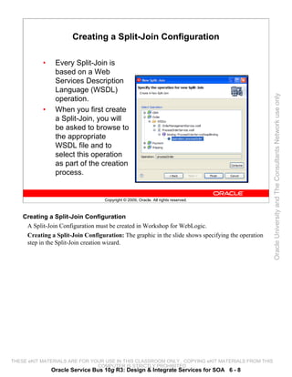 Creating a Split-Join Configuration

           •    Every Split-Join is
                based on a Web
                Services Description
                Language (WSDL)




                                                                                                    Oracle University and The Consultants Network use only
                operation.
           •    When you first create
                a Split-Join, you will
                be asked to browse to
                the appropriate
                WSDL file and to
                select this operation
                as part of the creation
                process.


                                   Copyright © 2009, Oracle. All rights reserved.



    Creating a Split-Join Configuration
     A Split-Join Configuration must be created in Workshop for WebLogic.
     Creating a Split-Join Configuration: The graphic in the slide shows specifying the operation
     step in the Split-Join creation wizard.




THESE eKIT MATERIALS ARE FOR YOUR USE IN THIS CLASSROOM ONLY. COPYING eKIT MATERIALS FROM THIS
                               COMPUTER IS STRICTLY PROHIBITED
               Oracle Service Bus 10g R3: Design & Integrate Services for SOA 6 - 8
 