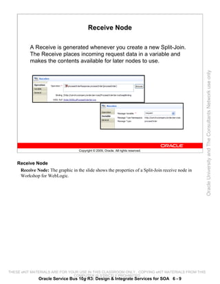 Receive Node

          A Receive is generated whenever you create a new Split-Join.
          The Receive places incoming request data in a variable and
          makes the contents available for later nodes to use.




                                                                                                   Oracle University and The Consultants Network use only
                                    Copyright © 2009, Oracle. All rights reserved.



    Receive Node
     Receive Node: The graphic in the slide shows the properties of a Split-Join receive node in
     Workshop for WebLogic.




THESE eKIT MATERIALS ARE FOR YOUR USE IN THIS CLASSROOM ONLY. COPYING eKIT MATERIALS FROM THIS
                               COMPUTER IS STRICTLY PROHIBITED
               Oracle Service Bus 10g R3: Design & Integrate Services for SOA 6 - 9
 