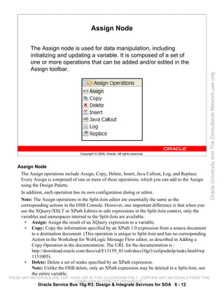 Assign Node

          The Assign node is used for data manipulation, including
          initializing and updating a variable. It is composed of a set of
          one or more operations that can be added and/or edited in the
          Assign toolbar.




                                                                                                         Oracle University and The Consultants Network use only
                                    Copyright © 2009, Oracle. All rights reserved.



    Assign Node
     The Assign operations include Assign, Copy, Delete, Insert, Java Callout, Log, and Replace.
     Every Assign is composed of one or more of these operations, which you can add to the Assign
     using the Design Palette.
     In addition, each operation has its own configuration dialog or editor.
     Note: The Assign operations in the Split-Join editor are essentially the same as the
     corresponding actions in the OSB Console. However, one important difference is that when you
     use the XQueryXSLT or XPath Editors to edit expressions in the Split-Join context, only the
     variables and namespaces internal to the Split-Join are available.
       • Assign: Assign the result of an XQuery expression to a variable.
       • Copy: Copy the information specified by an XPath 1.0 expression from a source document
           to a destination document. (This operation is unique to Split-Join and has no corresponding
           Action in the Workshop for WebLogic Message Flow editor, as described in Adding a
           Copy Operation in the documentation. The URL for the documentation is :
           http://download.oracle.com/docs/cd/E13159_01/osb/docs10gr3/eclipsehelp/tasks.html#wp
           1151005).
       • Delete: Delete a set of nodes specified by an XPath expression.
           Note: Unlike the OSB delete, only an XPath expression may be deleted in a Split-Join, not
           the entire variable.
THESE eKIT MATERIALS ARE FOR YOUR USE IN THIS CLASSROOM ONLY. COPYING eKIT MATERIALS FROM THIS
                               COMPUTER IS STRICTLY PROHIBITED
              Oracle Service Bus 10g R3: Design & Integrate Services for SOA 6 - 12
 