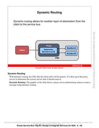 Dynamic Routing

          Dynamic routing allows for another layer of abstraction from the
          client to the service bus.




                                                                                                       Oracle University and The Consultants Network use only
                                                      Proxy
                                                                                      BusServA
                  Client                         Determine
                                               Service A or B
                                                                                      BusServB

                                                                     OSB




                                     Copyright © 2009, Oracle. All rights reserved.



    Dynamic Routing
     With dynamic routing, the URL that the client calls will be generic. It is then up to the proxy
     service to determine the correct service that it should route to.
     Dynamic Routing: The graphic in the slide shows a proxy service determining where to route a
     message using dynamic routing.




THESE eKIT MATERIALS ARE FOR YOUR USE IN THIS CLASSROOM ONLY. COPYING eKIT MATERIALS FROM THIS
                               COMPUTER IS STRICTLY PROHIBITED
              Oracle Service Bus 10g R3: Design & Integrate Services for SOA 6 - 40
 